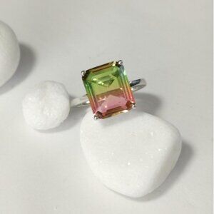 Watermelon Tourmaline Solitaire Ring in Sterling Silver size 8 🆕